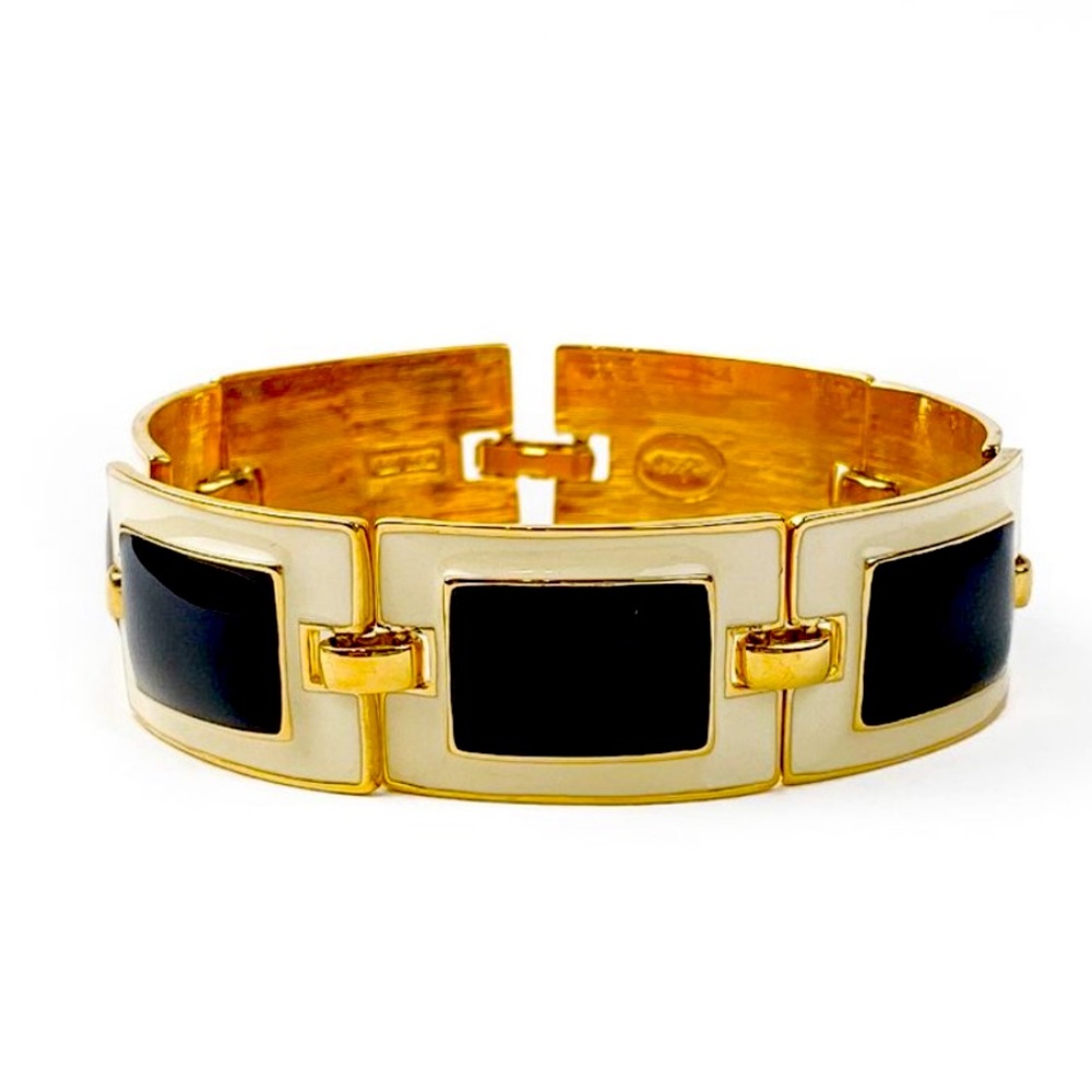 Joan Rivers Linked Panel Bracelet Black Cream Enamel Gold Tone Setting EUC